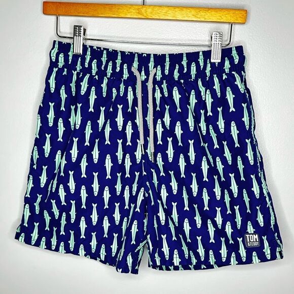 Tom & Teddy Classic Swim Shorts Ink Blue & Green Sardines Mens size Small - Picture 3 of 6